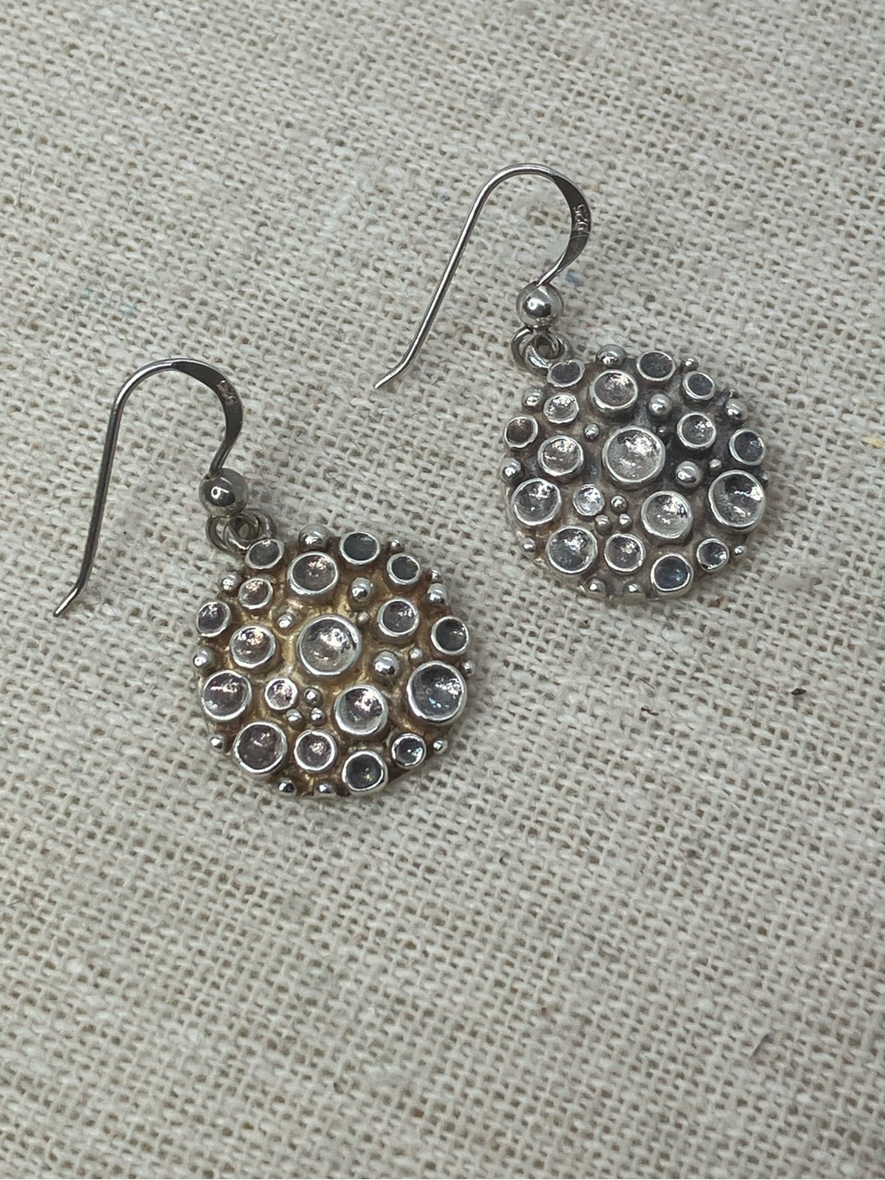 Vtg 925 Sterling Silver Modernist Brutalist Bubble Dot Drop Earrings